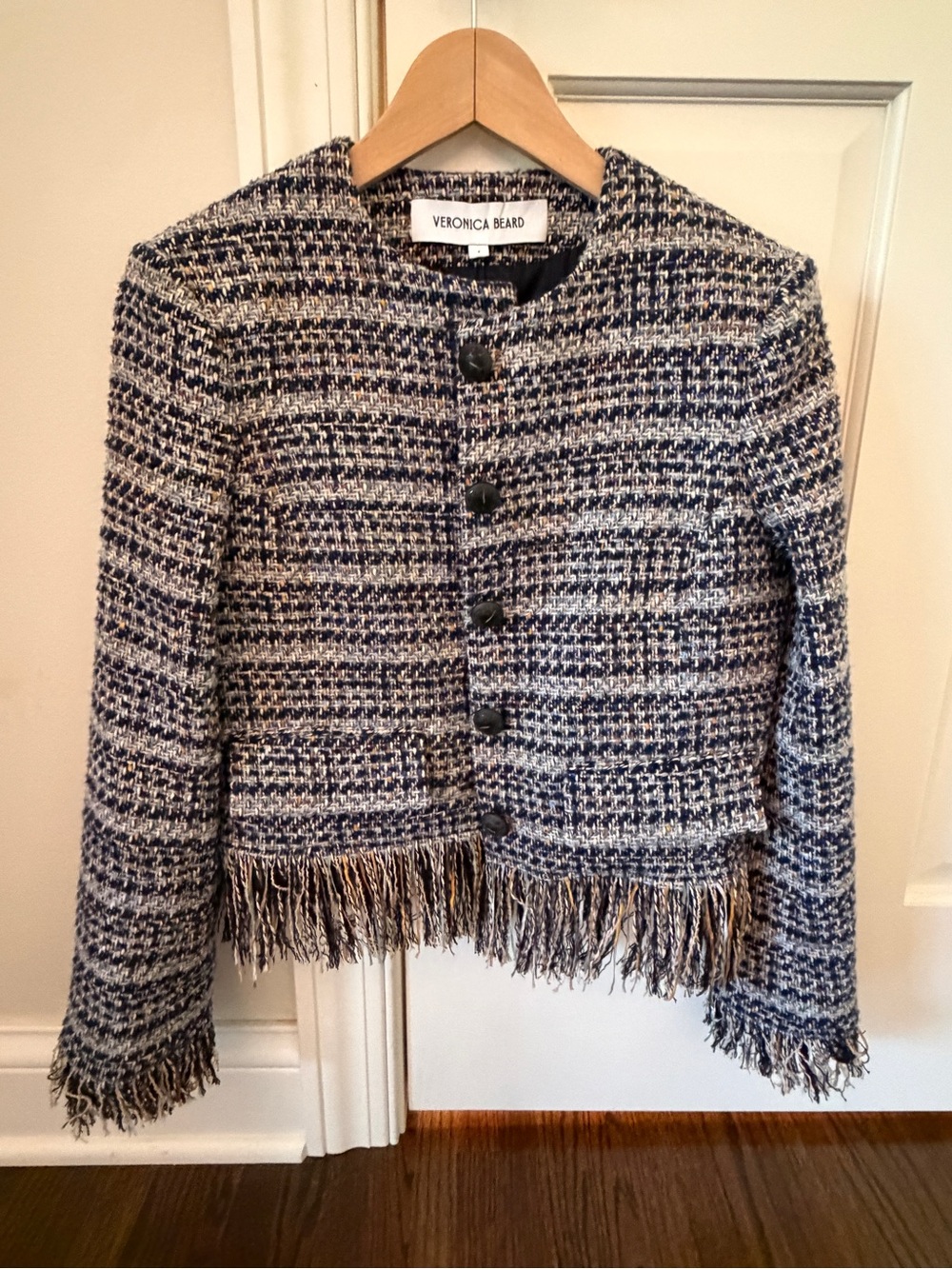 NWOT Veronica Beard Fringed Tweed Jacket in Navy & Cream